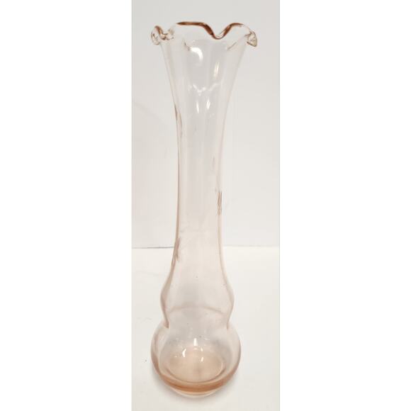 Vintage Pink Art Glass Vases Lot – Ruffled Hand Blown & Etched Flared Pair - Picture 6 of 8